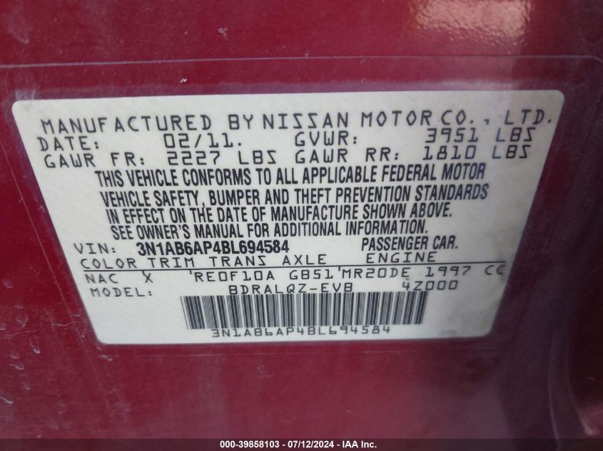 2011 Nissan Sentra 2.0 VIN: 3N1AB6AP4BL694584 Lot: 39858103