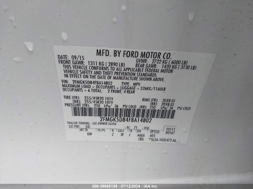 2015 Ford Flex Limited VIN: 2FMGK5D84FBA14802 Lot: 39858109