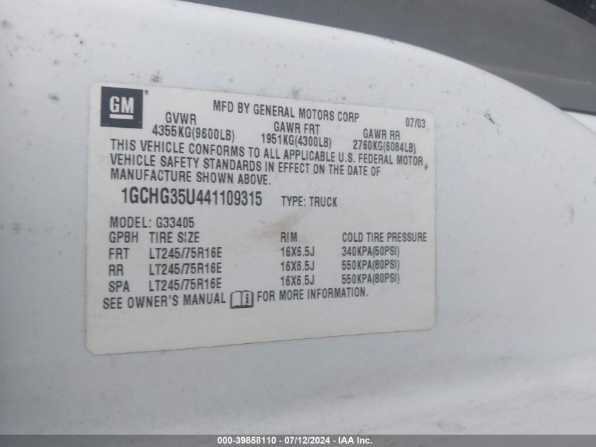 2004 Chevrolet Express VIN: 1GCHG35U441109315 Lot: 39858110
