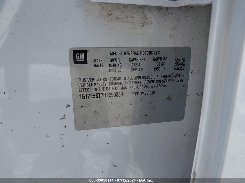 2017 Chevrolet Malibu 1Lt VIN: 1G1ZE5ST7HF259339 Lot: 39858114
