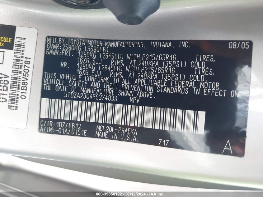 2005 Toyota Sienna Le VIN: 5TDZA23C45S374833 Lot: 39858122