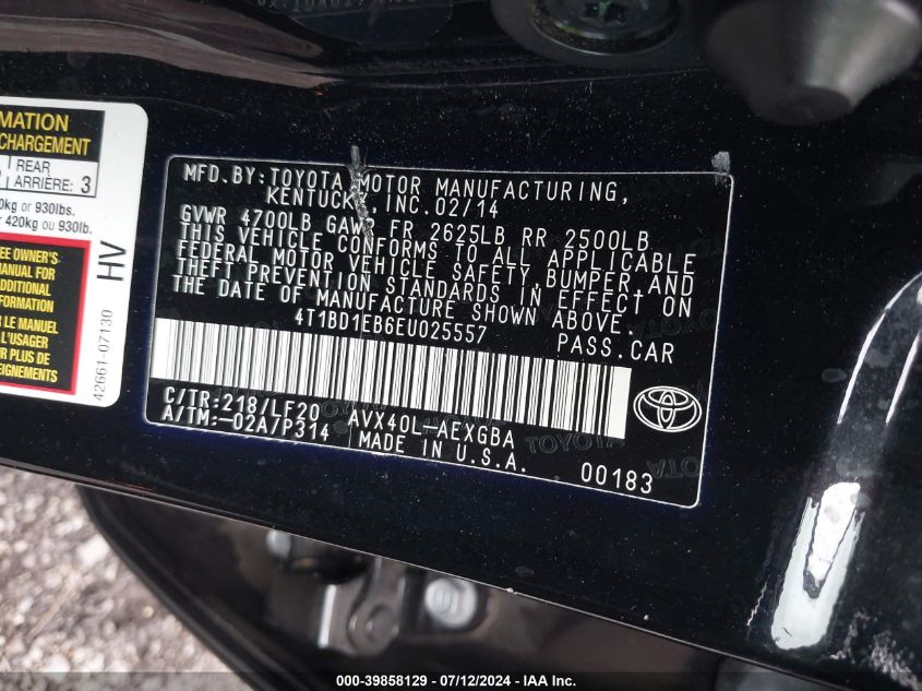 2014 Toyota Avalon Hybrid Xle Premium VIN: 4T1BD1EB6EU025557 Lot: 39858129