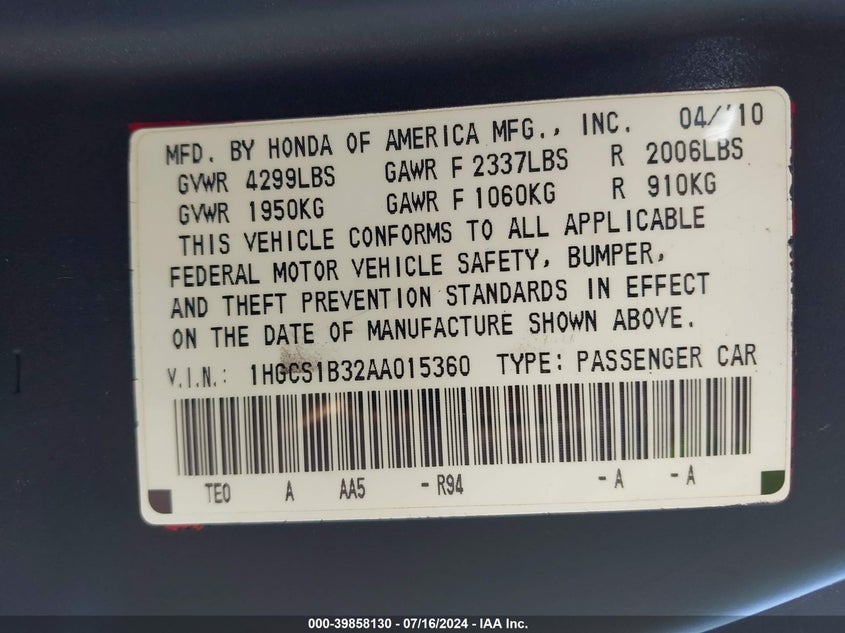2010 Honda Accord Lx VIN: 1HGCS1B32AA015360 Lot: 39858130