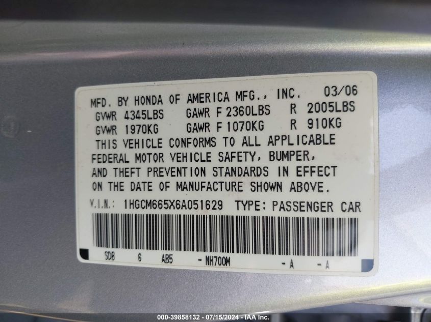 2006 Honda Accord 3.0 Ex VIN: 1HGCM665X6A051629 Lot: 39858132