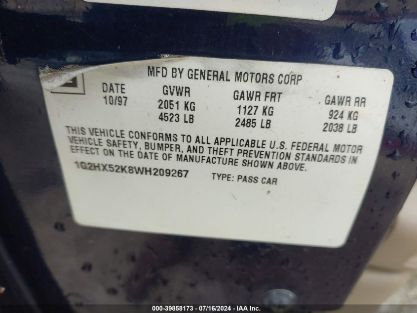 1998 Pontiac Bonneville Se VIN: 1G2HX52K8WH209267 Lot: 39858173