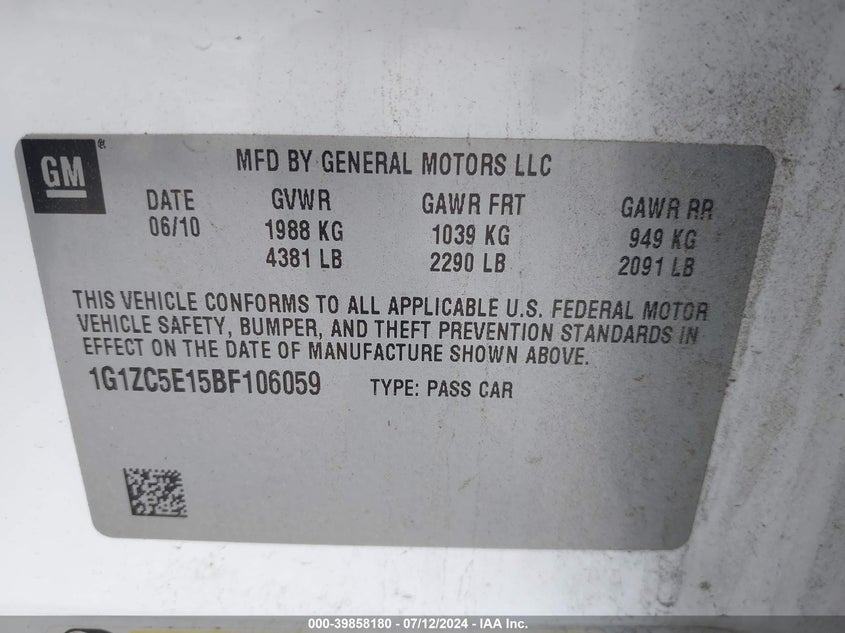 2011 Chevrolet Malibu 1Lt VIN: 1G1ZC5E15BF106059 Lot: 39858180