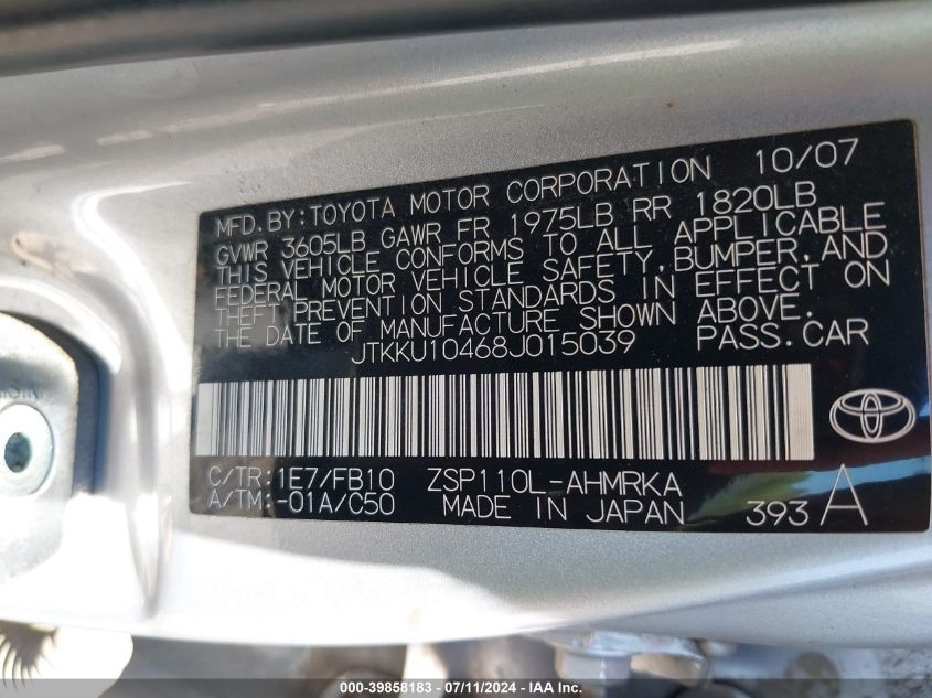 2008 Scion Xd VIN: JTKKU10468J015039 Lot: 39858183