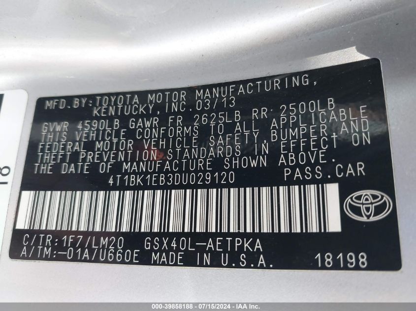 2013 Toyota Avalon Limited VIN: 4T1BK1EB3DU029120 Lot: 39858188