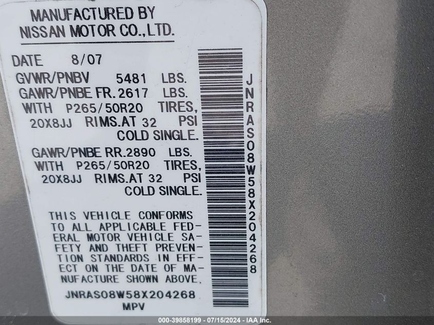 2008 Infiniti Fx35 VIN: JNRAS08W58X204268 Lot: 39858199