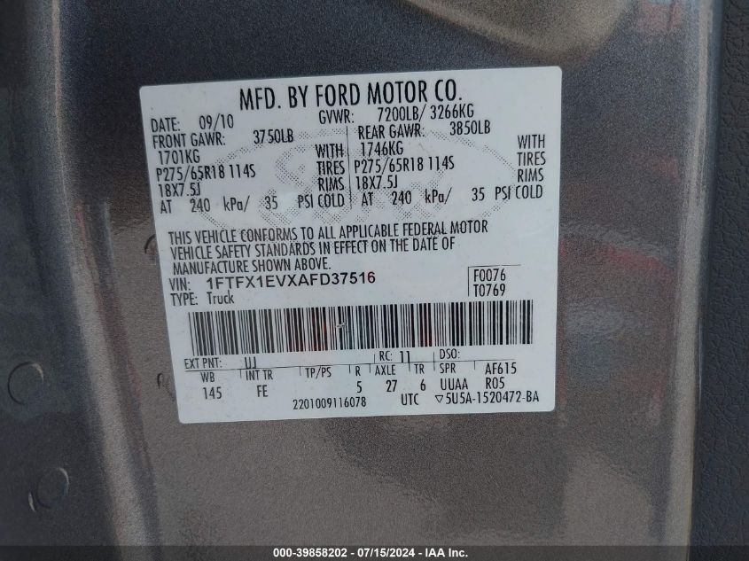 2010 Ford F-150 Fx4/Lariat/Xl/Xlt VIN: 1FTFX1EVXAFD37516 Lot: 39858202