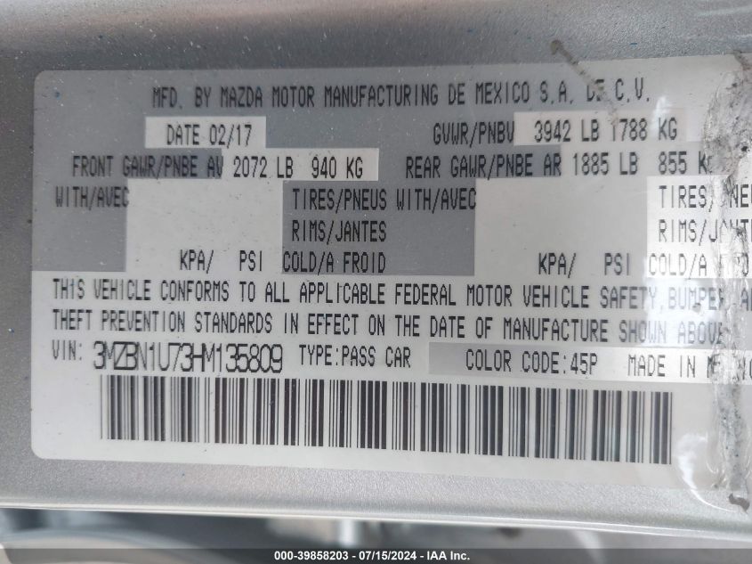 2017 Mazda Mazda3 Sport VIN: 3MZBN1U73HM135809 Lot: 39858203