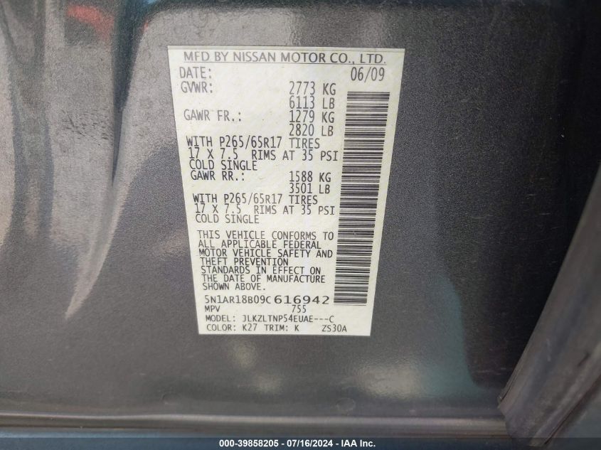 2009 Nissan Pathfinder Se VIN: 5N1AR18B09C616942 Lot: 39858205
