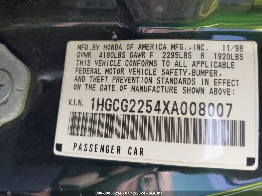 1999 Honda Accord Ex V6 VIN: 1HGCG2254XA008007 Lot: 39858214