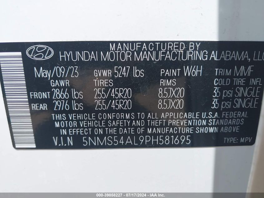 2023 Hyundai Santa Fe Calligraphy VIN: 5NMS54AL9PH581695 Lot: 39858227