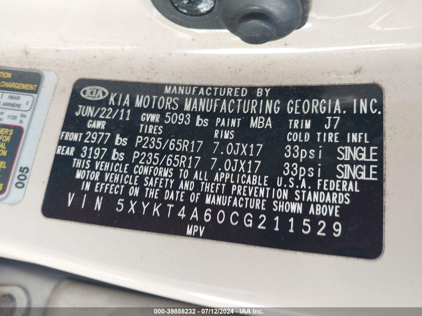 2012 Kia Sorento Lx VIN: 5XYKT4A60CG211529 Lot: 39858232