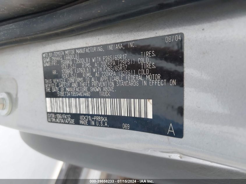 2005 Toyota Tundra Sr5 V8 VIN: 5TBET34195S463480 Lot: 39858233