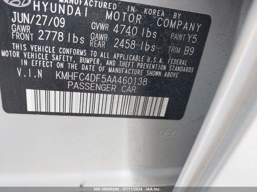 2010 Hyundai Azera Limited VIN: KMHFC4DF5AA460138 Lot: 39858240