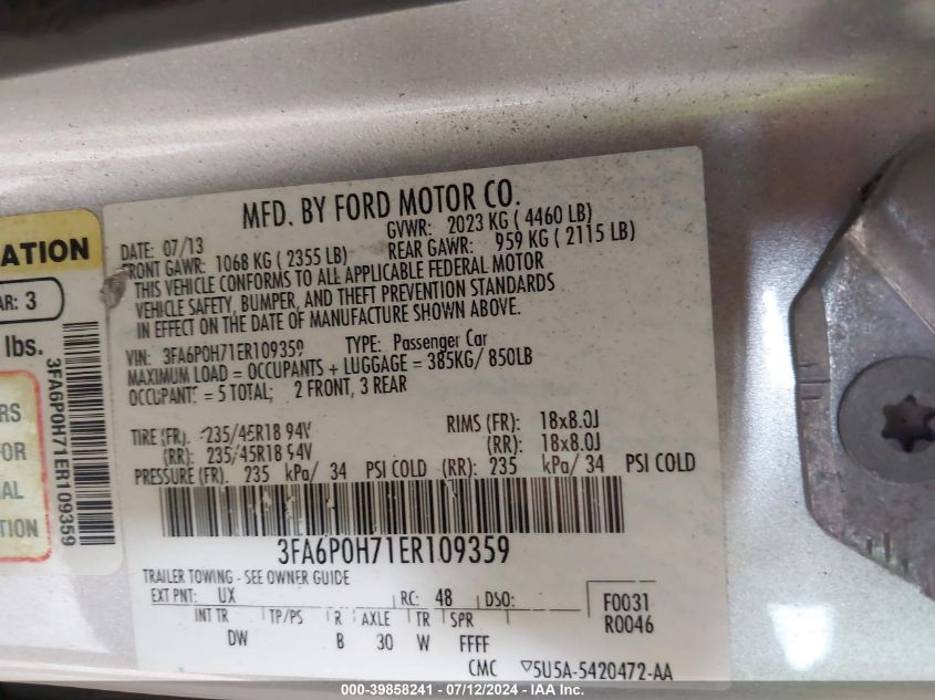 2014 Ford Fusion Se VIN: 3FA6P0H71ER109359 Lot: 39858241