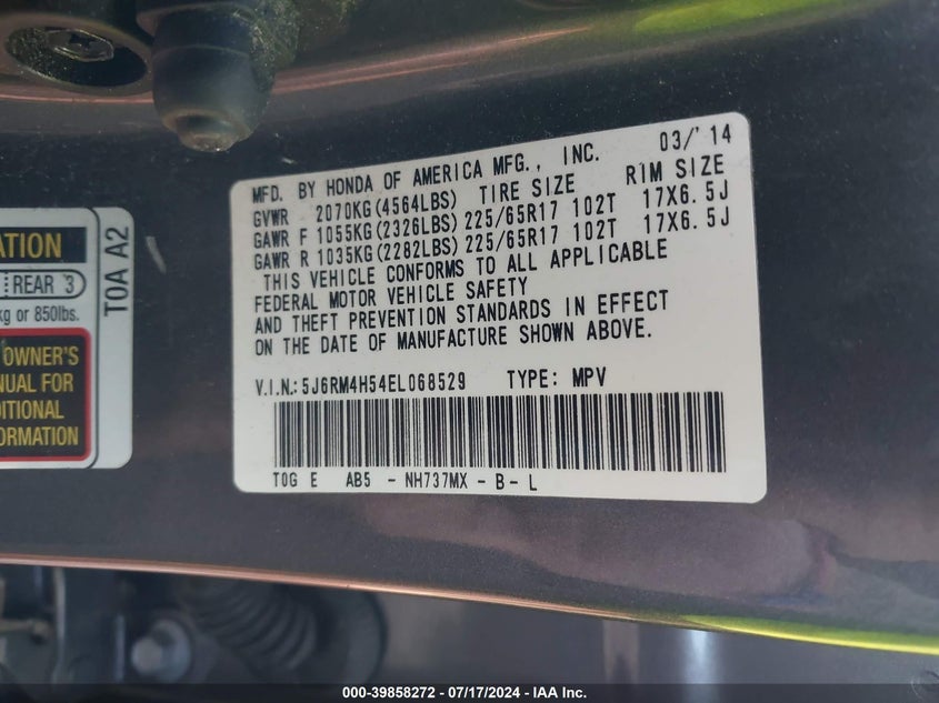 2014 Honda Cr-V Ex VIN: 5J6RM4H54EL068529 Lot: 39858272