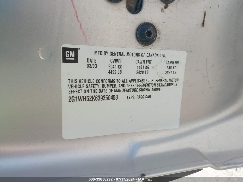 2003 Chevrolet Impala Ls VIN: 2G1WH52K639350458 Lot: 39858292