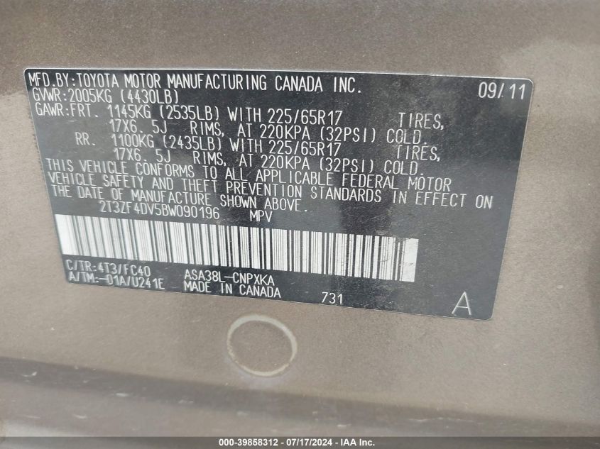 2011 Toyota Rav4 VIN: 2T3ZF4DV5BW090196 Lot: 39858312