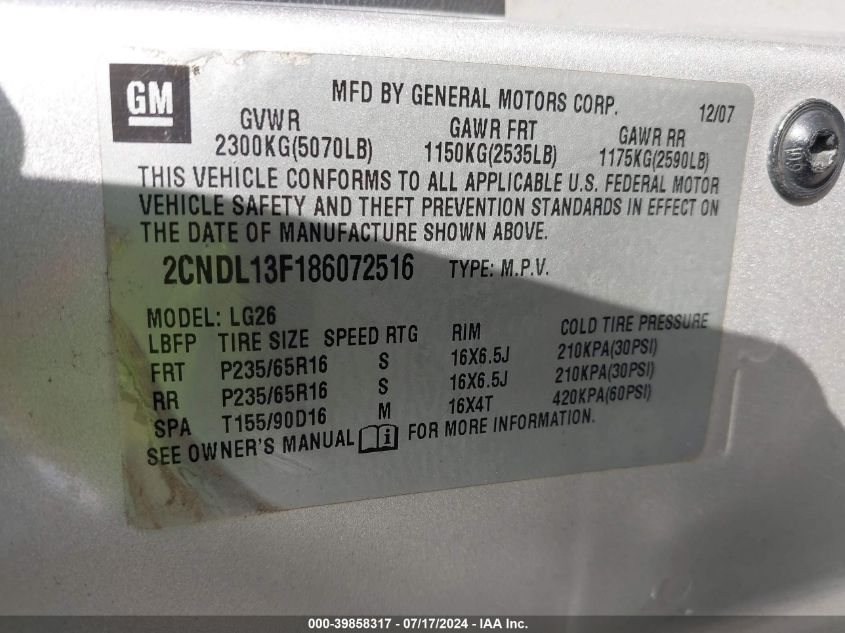 2008 Chevrolet Equinox Ls VIN: 2CNDL13F186072516 Lot: 39858317