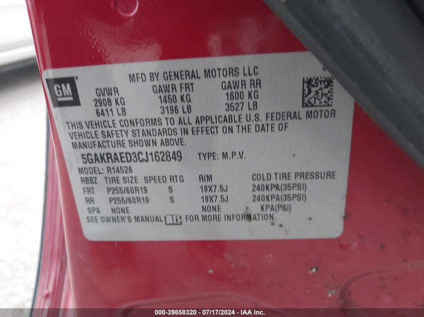 2012 Buick Enclave VIN: 5GAKRAED3CJ162849 Lot: 39858320