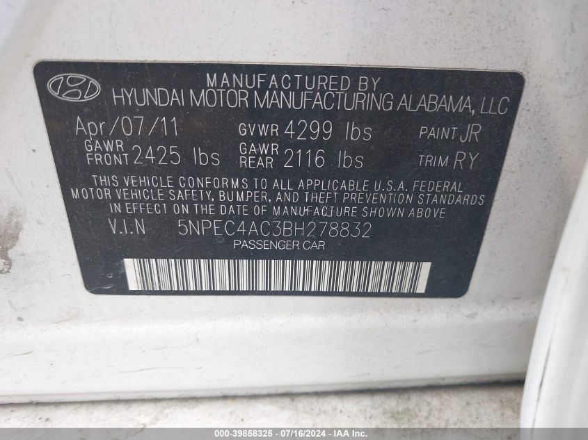 2011 Hyundai Sonata Se VIN: 5NPEC4AC3BH278832 Lot: 39858325