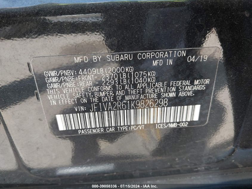 JF1VA2R61K9826298 2019 Subaru Wrx Sti