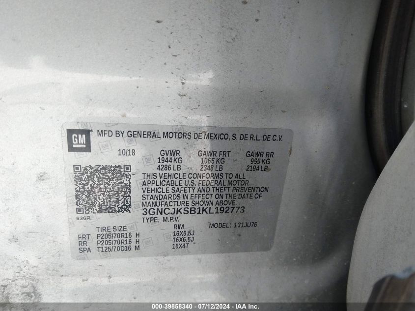 2019 Chevrolet Trax Ls VIN: 3GNCJKSB1KL192773 Lot: 39858340