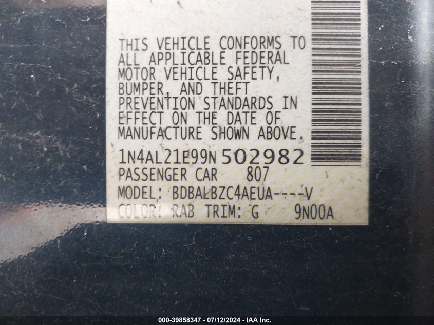 2009 Nissan Altima 2.5/2.5S VIN: 1N4AL21E99N502982 Lot: 39858347