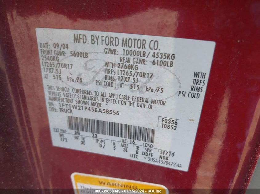 2005 Ford F-250 Lariat/Xl/Xlt VIN: 1FTSW21P45EA58556 Lot: 39858349