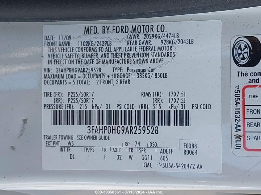 2010 Ford Fusion Se VIN: 3FAHP0HG9AR259528 Lot: 39858361