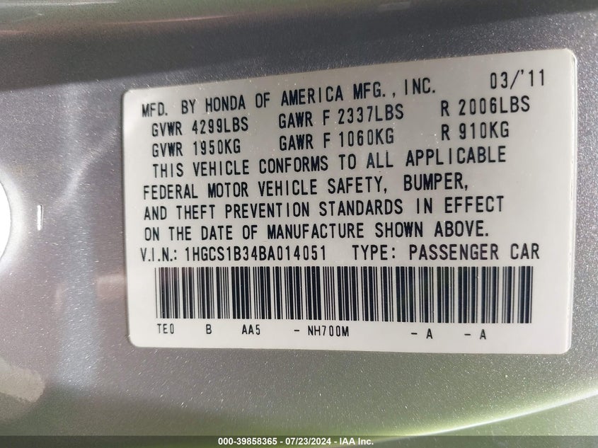 2011 Honda Accord 2.4 Lx-S VIN: 1HGCS1B34BA014051 Lot: 39858365