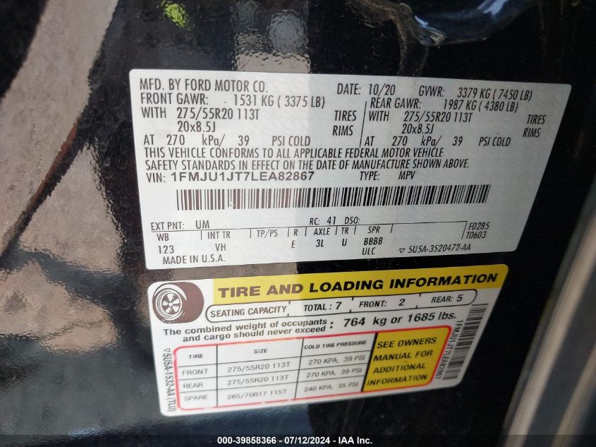 2020 Ford Expedition Xlt VIN: 1FMJU1JT7LEA82867 Lot: 39858366