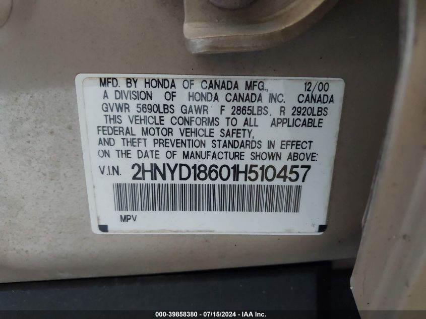 2001 Acura Mdx VIN: 2HNYD18601H510457 Lot: 39858380