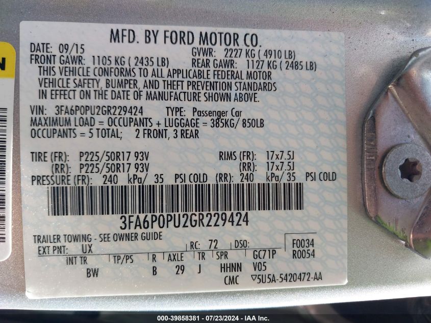 2016 Ford Fusion Energi Se Luxury VIN: 3FA6P0PU2GR229424 Lot: 39858381