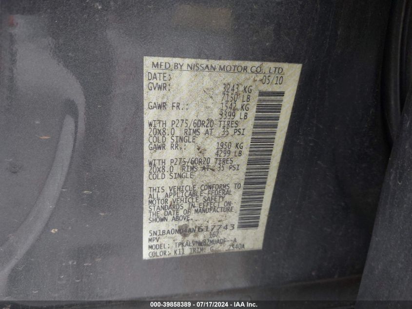 2010 Nissan Armada Titanium VIN: 5N1BA0ND4AN617743 Lot: 39858389