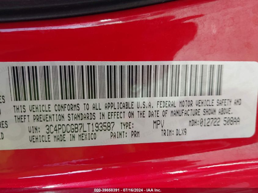 2020 Dodge Journey Crossroad VIN: 3C4PDCGB7LT193587 Lot: 39858391