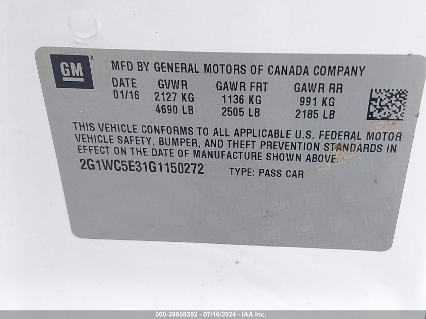 2016 Chevrolet Impala Limited Ltz VIN: 2G1WC5E31G1150272 Lot: 39858392