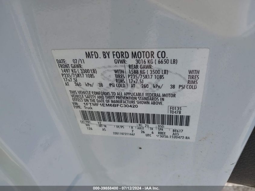 2011 Ford F150 VIN: 1FTMF1EM6BFC30420 Lot: 39858400