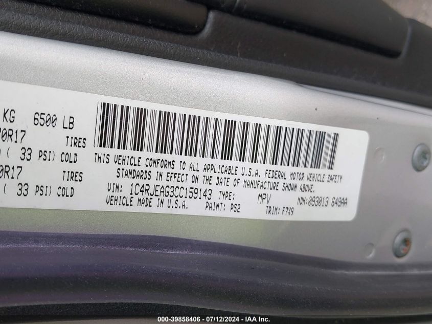 2012 Jeep Grand Cherokee Laredo VIN: 1C4RJEAG3CC159143 Lot: 39858406