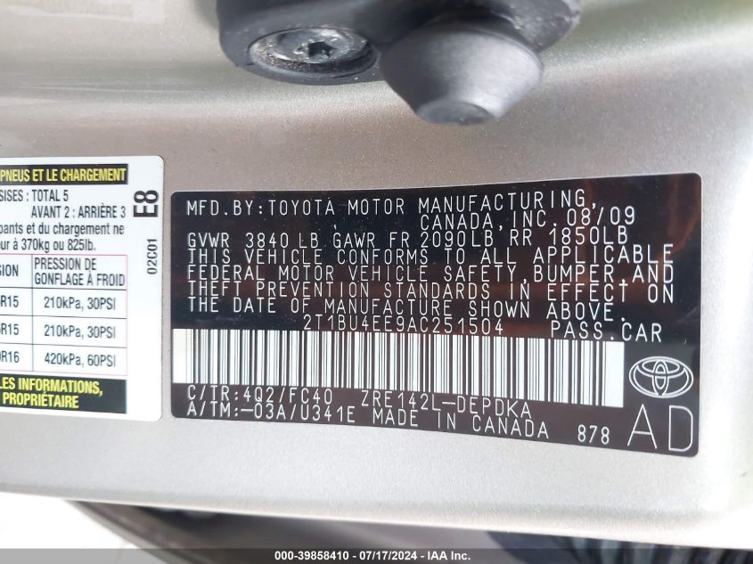 2010 Toyota Corolla Le VIN: 2T1BU4EE9AC251504 Lot: 39858410