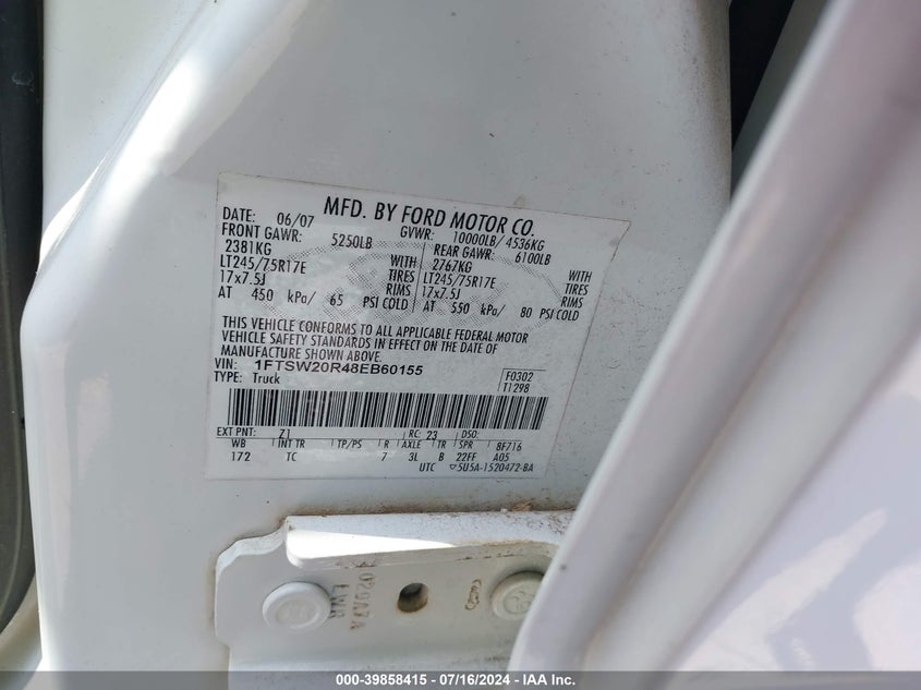 2008 Ford F-250 King Ranch/Lariat/Xl/Xlt VIN: 1FTSW20R48EB60155 Lot: 39858415