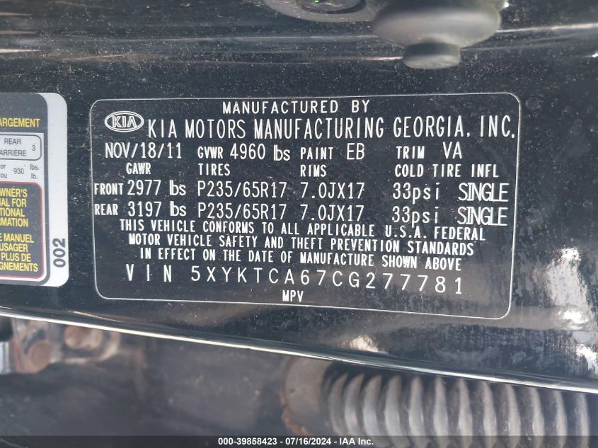 2012 Kia Sorento Lx VIN: 5XYKTCA67CG277781 Lot: 39858423