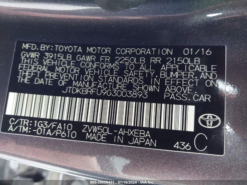 2016 Toyota Prius Two VIN: JTDKBRFU9G3003893 Lot: 39858431