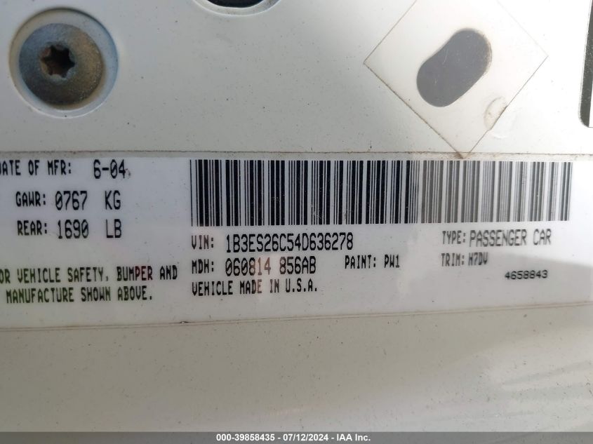 2004 Dodge Neon Se VIN: 1B3ES26C54D636278 Lot: 39858435