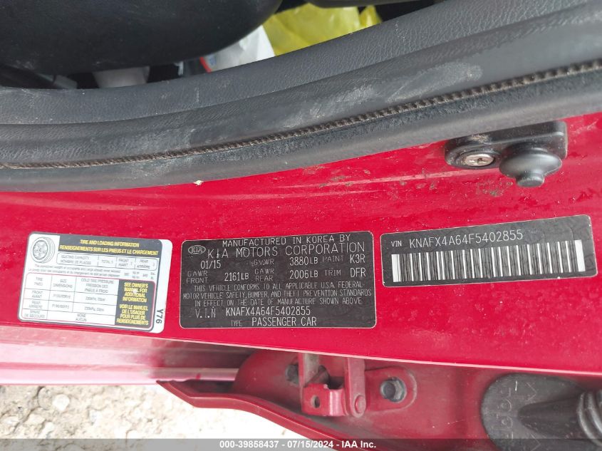 2015 Kia Forte Lx VIN: KNAFX4A64F5402855 Lot: 39858437