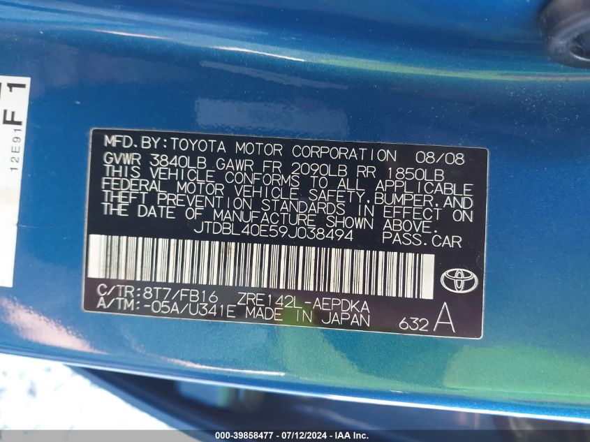 2009 Toyota Corolla Le VIN: JTDBL40E59J038494 Lot: 39858477