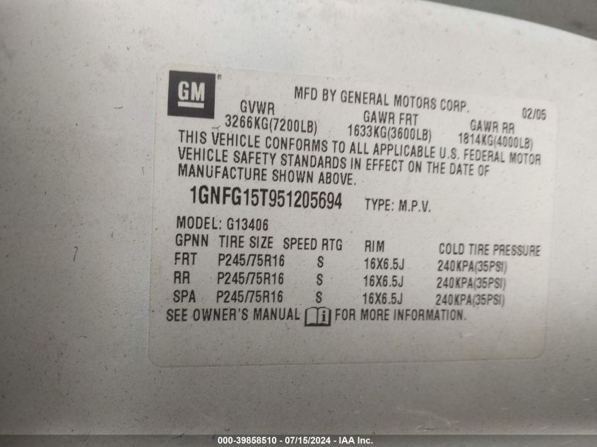 2005 Chevrolet Express VIN: 1GNFG15T951205694 Lot: 39858510